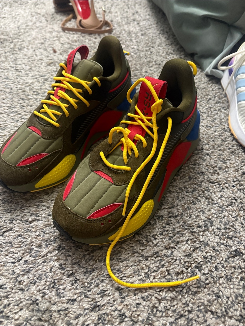 Puma Kids Olive Green Sneakers with Yellow, Red and Blue Accents